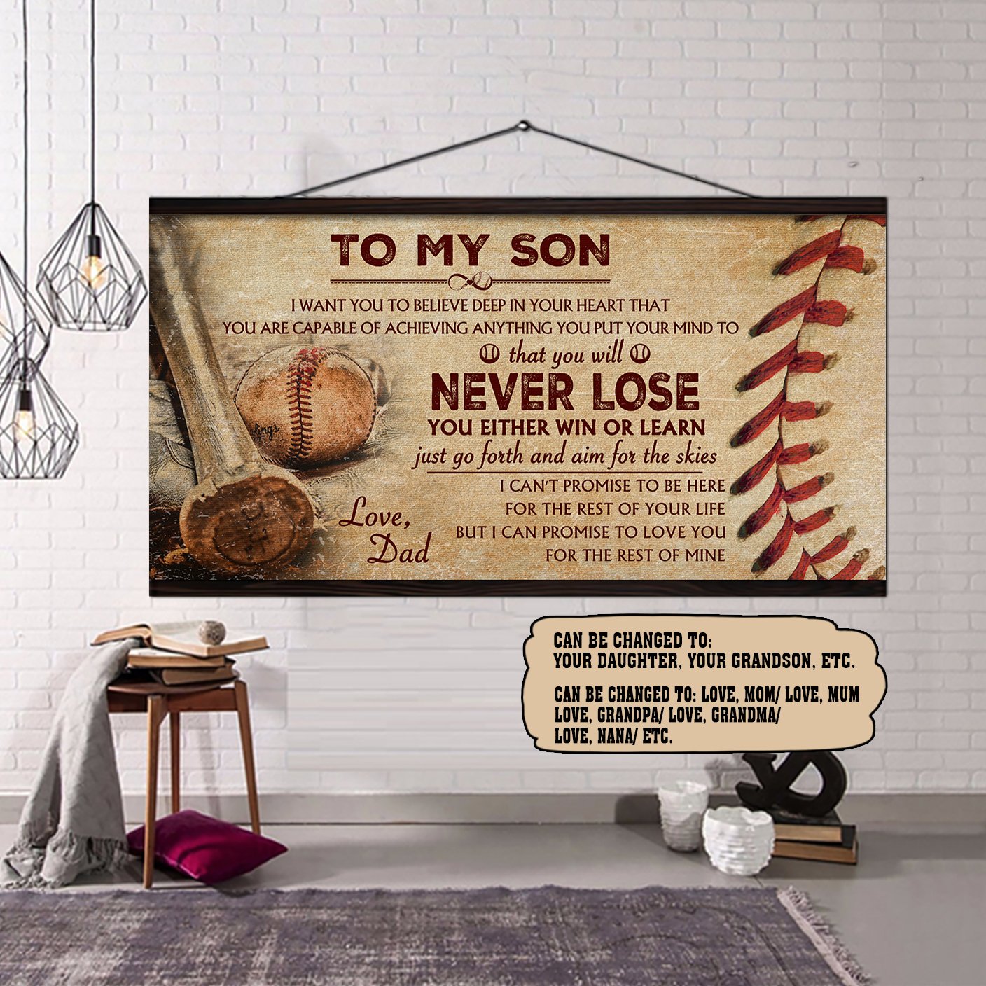 Customizable Baseball poster canvas - gifts from dad to son - Never lose you either win or  learn